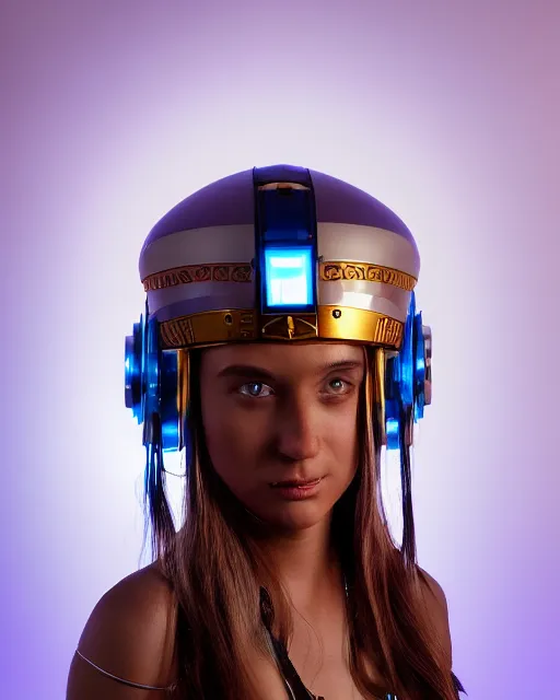 Prompt: centered medium shot fine studio photograph of a beautiful girl wearing only a mecha electronic native Sioux indian helmet with bright lights, ultra-realistic, white background, 8k HDR sunset lit, intricate