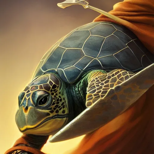 Image similar to cute wise sage turtle holding a staff, wearing a cloak, subsurface scattering, by jesper ejsing, justin gerard, tomasz alen kopera, cgsociety and fenghua zhong, highly detailed, rim light, cinematic lighting, illustration, art, octane render, very coherent, cinematic, hyper realism, high detail, octane render, 8 k