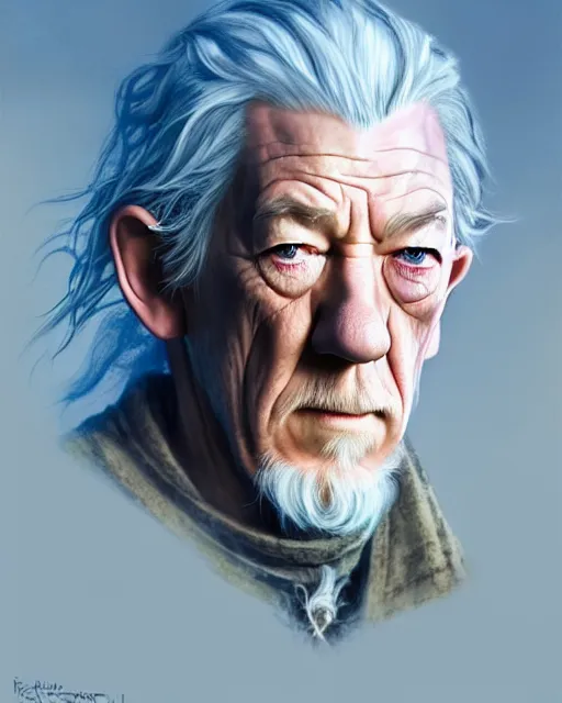 Image similar to portrait Anime joyful Gandalf Ian McKellen|| cute-fine-face, pretty face, realistic shaded Perfect face, fine details. Anime. realistic shaded lighting by katsuhiro otomo ghost-in-the-shell, magali villeneuve, artgerm, Jeremy Lipkin and Michael Garmash and Rob Rey Ilya Kuvshinov