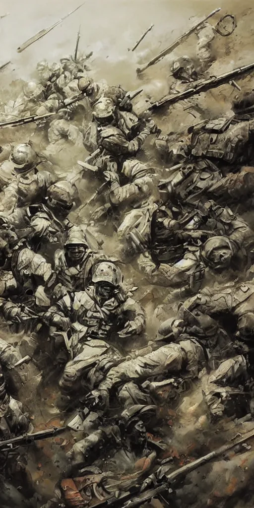 Image similar to oil painting scene from battlefield by kim jung gi