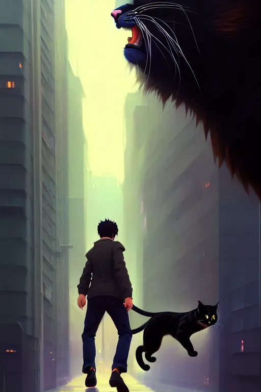 Prompt: a ultradetailed beautiful panting of a man chased by a giant cat, a very scary photo, by ilya kuvshinov, greg rutkowski and makoto shinkai, trending on artstation