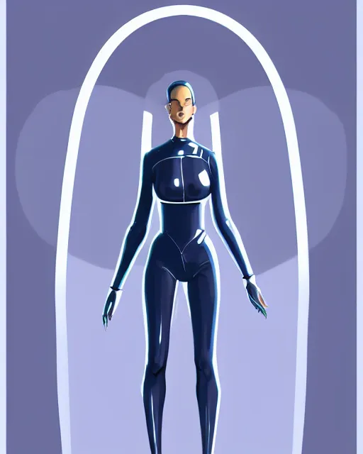 Image similar to symmetrical!! full body concept art for a futurstic alien girl, wearing tight futurstic simple clothes, walking inside of a futuristic life pod on an alien world | | epic - fine - clean, polished, trending on artstation, brush strokes