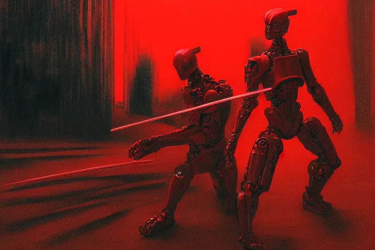 Image similar to only with red, a red cyborg samurai, tokio futuristic in background, some evil yokai fight, in the style of beksinski, parts by edward hopper, parts by rodcenko, parts by yue minjun, intricate and epic composition, red by caravaggio, insanely quality, highly detailed, masterpiece, red light, artstation, 4 k