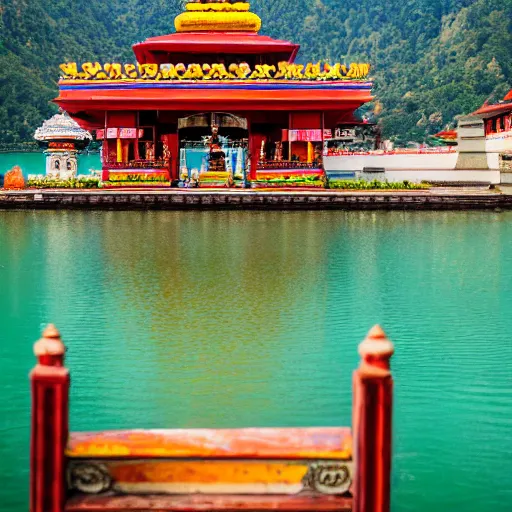 Image similar to A beautiful Hindu temple in front of a lake with a big sauwastika symbol on top, 50mm photo
