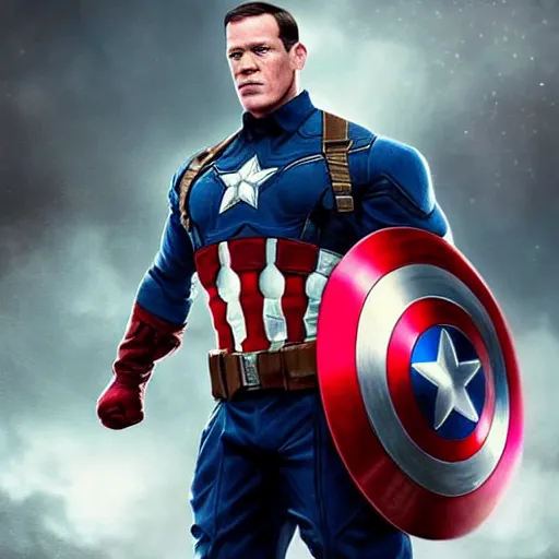 Prompt: john cena as captain america, artstation hall of fame gallery, editors choice, #1 digital painting of all time, most beautiful image ever created, emotionally evocative, greatest art ever made, lifetime achievement magnum opus masterpiece, the most amazing breathtaking image with the deepest message ever painted, a thing of beauty beyond imagination or words, 4k, highly detailed, cinematic lighting