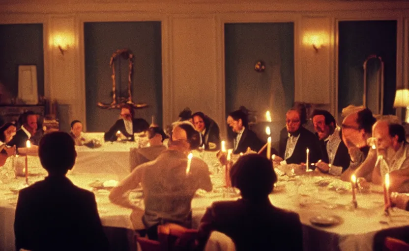 Image similar to Globalists and capitalist sitting around a big dinner table with candles in the shining by stanley kubrick, shot by 35mm film color photography