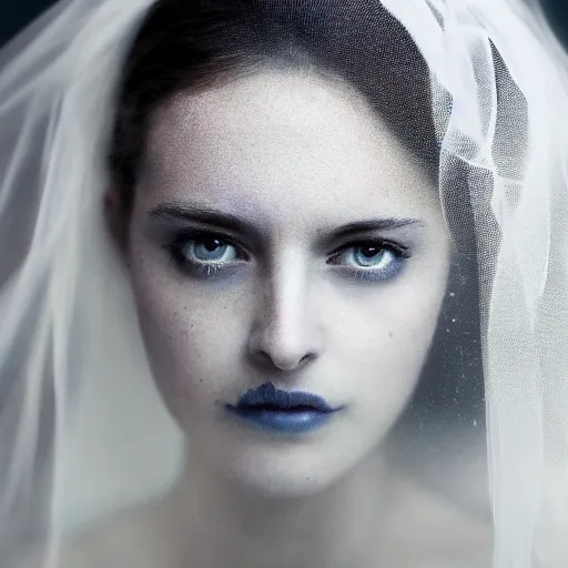 Image similar to portrait of a stunningly beautiful ghostly haunting female with a veil in soft light, depth of field, zeiss lens, detailed, symmetrical, centered, fashion photoshoot, by annie leibovitz and steve mccurry, david lazar, jimmy nelsson, breathtaking, 8 k resolution, extremely detailed, beautiful, establishing shot, artistic, hyperrealistic, beautiful face, octane render