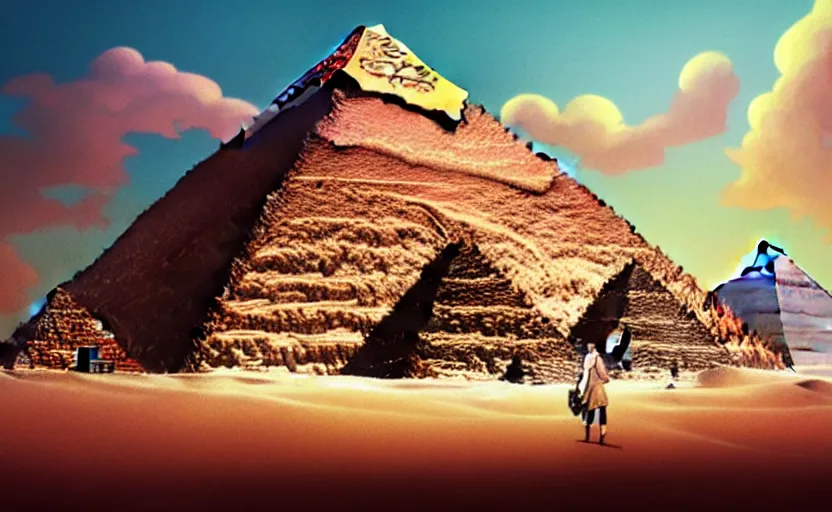 Image similar to highly detailed surreal vfx portrait building the pyramids in egypt, stephen bliss, unreal engine, greg rutkowski, loish, rhads, beeple, makoto shinkai and lois van baarle, ilya kuvshinov, rossdraws, tom bagshaw, global illumination, detailed and intricate environment