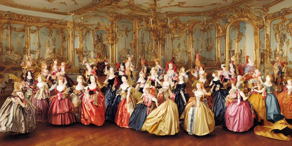 Image similar to Women in baroque dresses, standing in the middle of the room full of toys