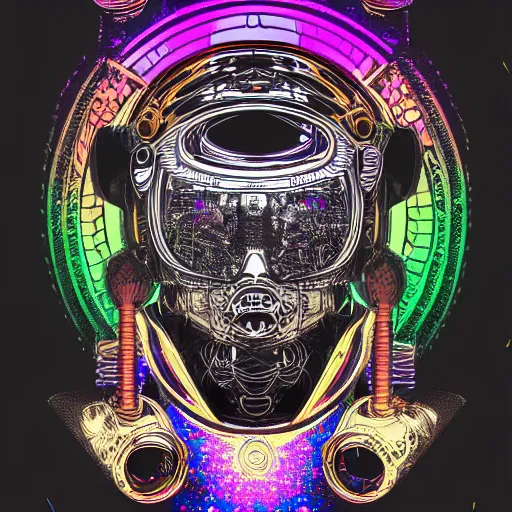 Image similar to mockup of a black tshirt with a hyperdetailed portrait of a trippy steam punk robot, 8 k, symetrical, flourescent colors, happy mood, multicolored,