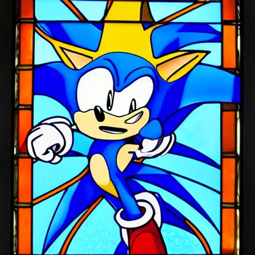 Prompt: beautiful vibrant stained glass art of Sonic the Hedgehog