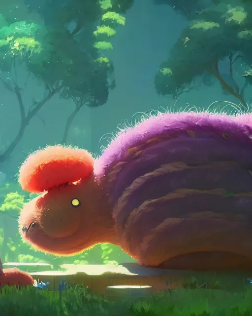 Image similar to a giant hairy caterpillar taking a bath in a spring with lush vegetation around, cory loftis, james gilleard, atey ghailan, makoto shinkai, goro fujita, character art, rim light, exquisite lighting, clear focus, very coherent, plain background, soft painting