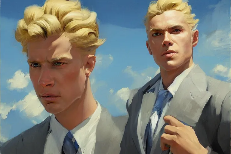 Image similar to greg manchess portrait painting of a blond man in a blue suit with a sword and a pistol, asymmetrical, profile picture, organic painting, sunny day, matte painting, bold shapes, hard edges, street art, trending on artstation, by huang guangjian, gil elvgren, ruan jia, randy vargas, greg rutkowski