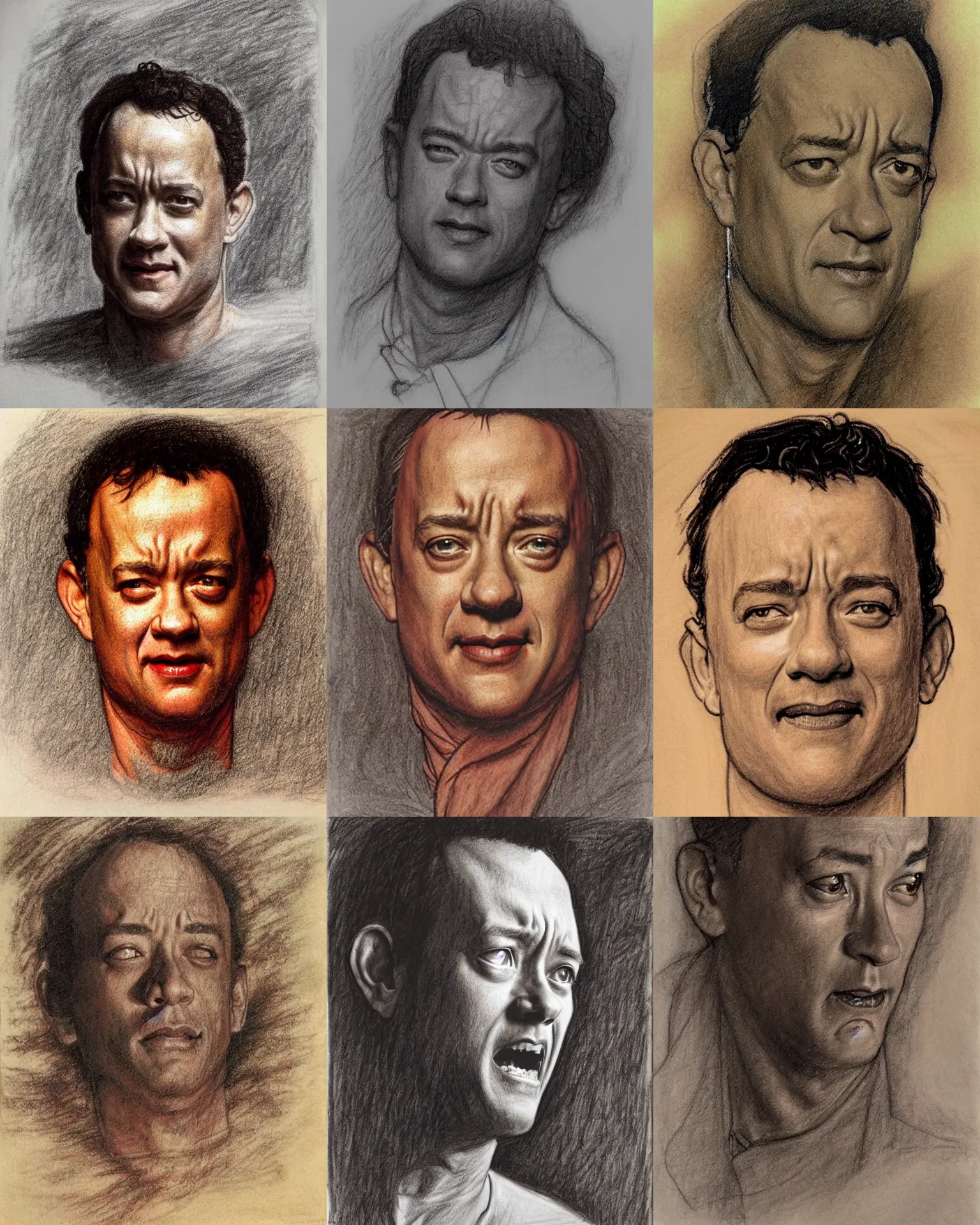 Prompt: sanguine chalk preliminary drawing of tom hanks, by study norman rockwell, michelangelo, leonardo da vinci, peter paul rebens