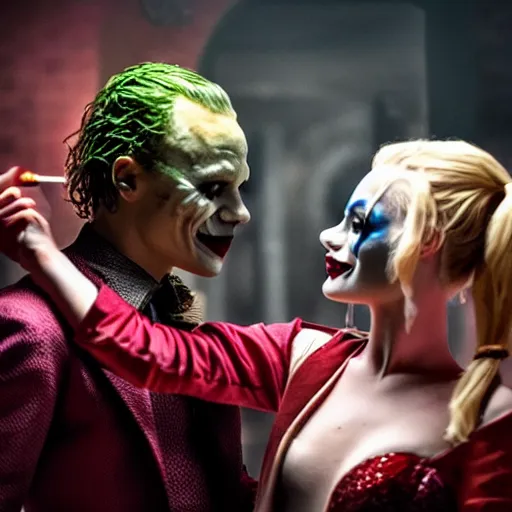 Image similar to heath ledger as the joker and margot robbie as harley quinn, posing shot, cinematic, ultra realistic, low lighting