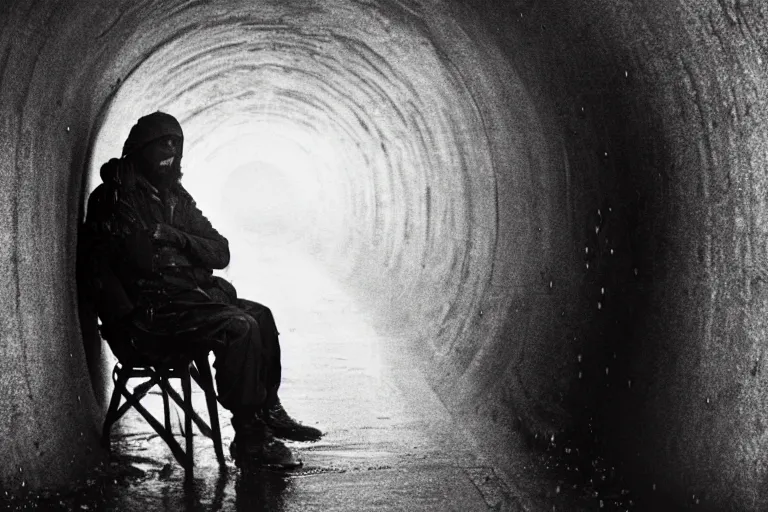 Image similar to a cinematic headshot photograph of a beautiful homeless war veteran, stood in a tunnel, rain, film still, cinematic, dramatic lighting, by bill henson and annie leibovitz