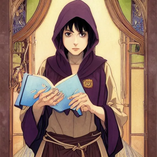 Image similar to portrait of a female wizard with brown hair wearing a blue hood and blue robe holding a book, fantasy, highly detailed, digital illustration, character art, seinen, anime key visual, hayao miyazaki, makoto shinkai, alphonse mucha