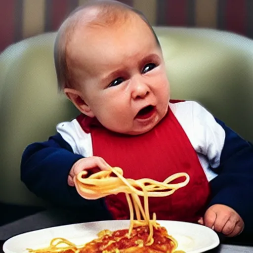 Image similar to Photo of Putin as a fussy crying baby in a high chair tangled up in spaghettis and red sauce