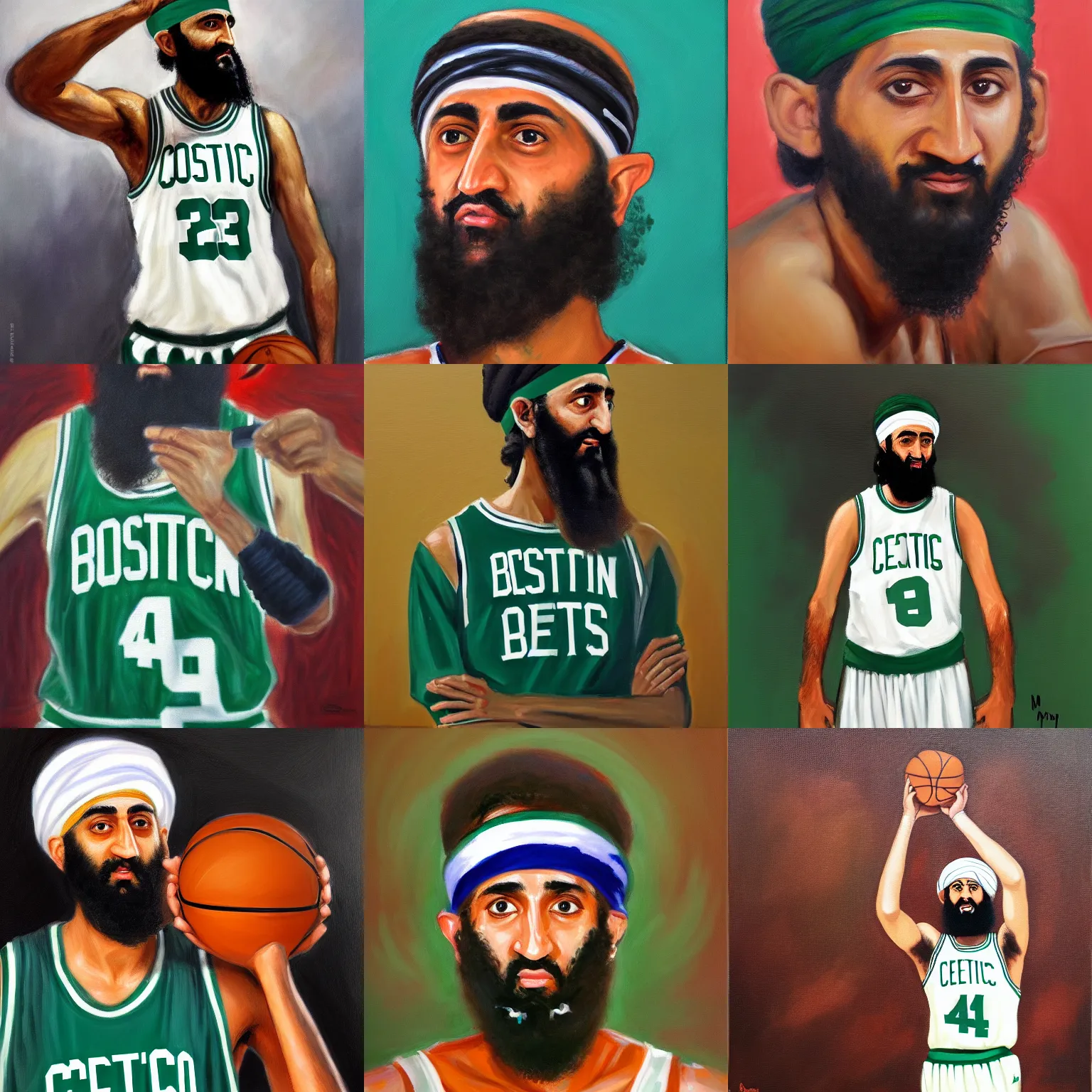 Prompt: facial portrait of osama bin laden shooting free throws, boston celtics jersey, wearing a headband, sweating, focused, oil on canvas by william sidney mount, trending on artstation