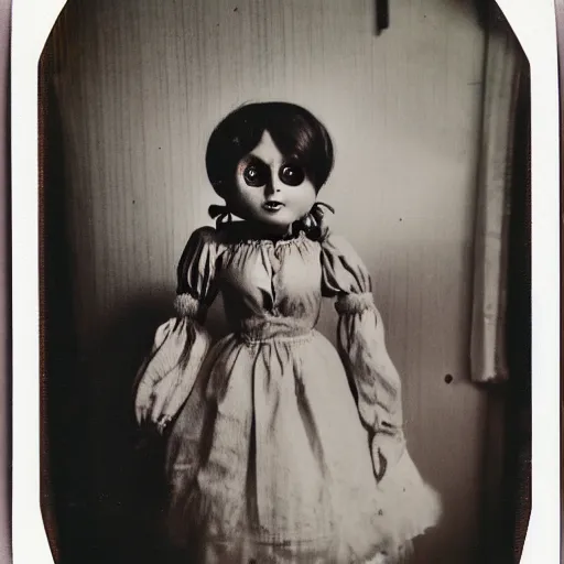 Image similar to a very beautiful old polaroid picture of a creepy doll in a bedroom, award winning photography