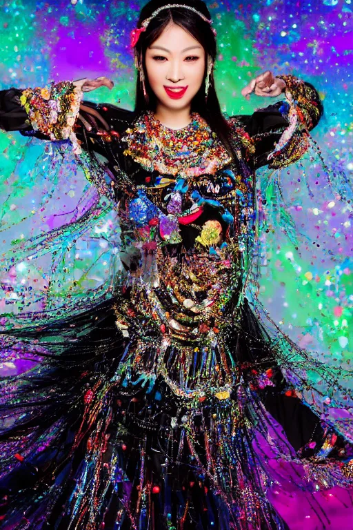 Image similar to digital render of a beautiful asian woman fully covered in clothes made out of jewels while dancing in the middle of a river, background is a black forest out of focus, art by Alberto Mielgo, low light, moonlight, highly detailed, 8k