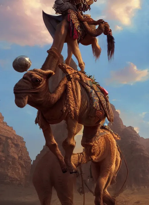 Image similar to portrait of a goblin as an arab riding a camel, trending in artstation, cinematic lighting, studio quality, smooth render, unreal engine 5 rendered, octane rendered, art style by klimt and nixeu and ian sprigger and wlop and krenz cushart.