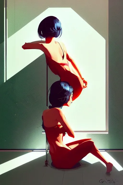 Image similar to a ultradetailed beautiful painting of a stylish woman sitting on the floor of a tiled room, by greg rutkowski, conrad roset, and ilya kuvshinov trending on artstation