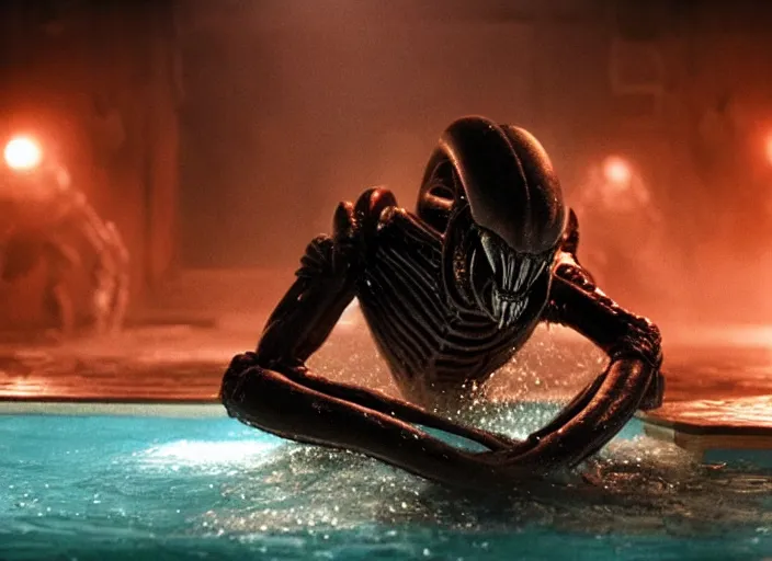 Prompt: film still of xenomorph swimming in a pool at night in the new alien movie, 4 k