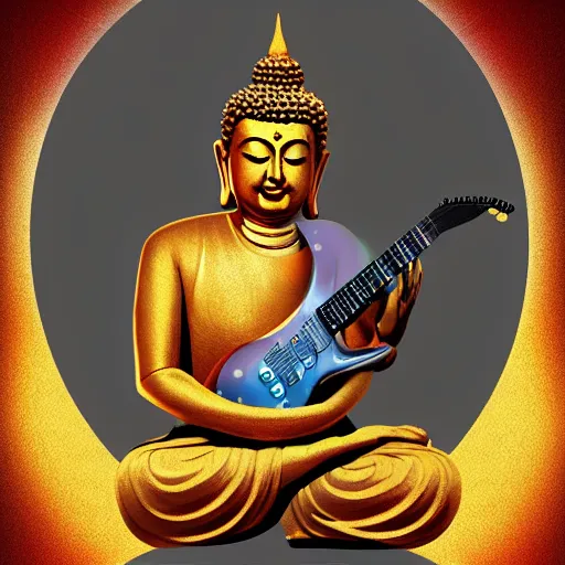 Image similar to Buddha playing electric guitar, digital art, artstation, award winning