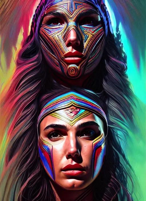 Image similar to portrait of gal gadot, hyper detailed ultra sharp aztec shaman warrior. trending on artstation, warpaint aesthetic, bloodwave, colorful, psychedelic, ornate, intricate, digital painting, concept art, smooth, sharp focus, illustration, art by artgerm and greg rutkowski and h. r. giger, 8 k