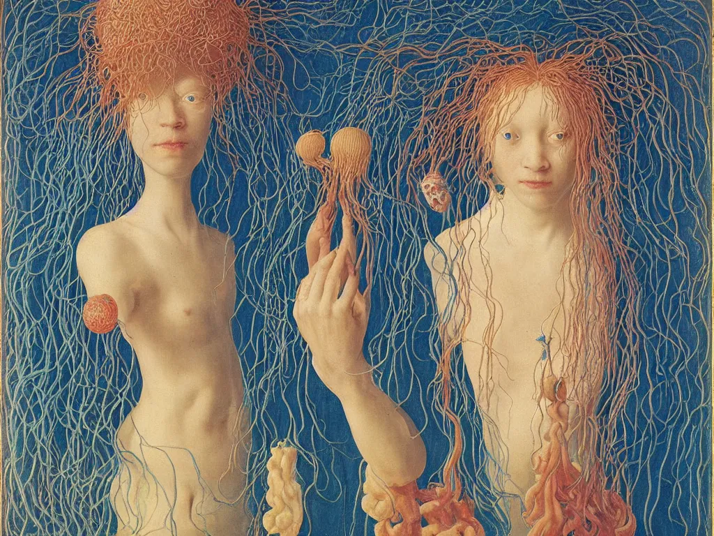 Image similar to Portrait of albino mystic with blue eyes, with exotic beautiful medusae, jellyfish. Painting by Jan van Eyck, Audubon, Rene Magritte, Agnes Pelton, Max Ernst, Walton Ford