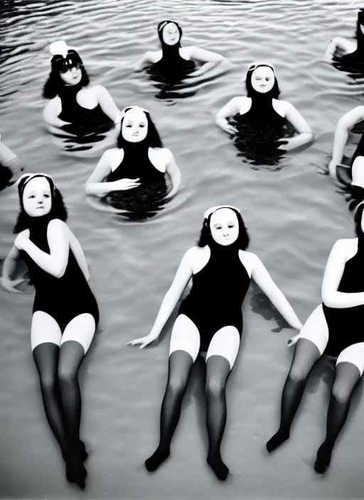 Prompt: realistic photo of a group of common girls in white tights, spherical black helmets, in a big pool filled with black mercury oil water, the sky is grey 2 0 0 0, life magazine photo,