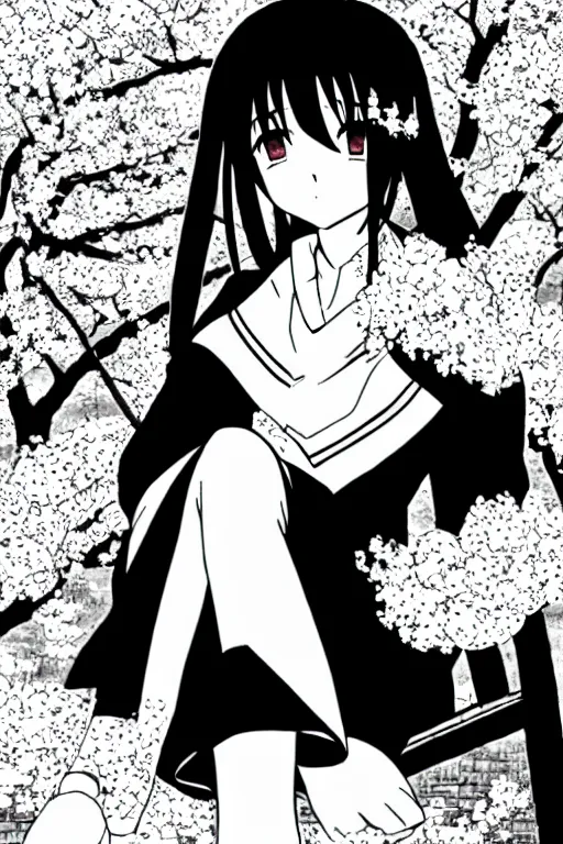 Prompt: black and white manga page, highly detailed pen, sharp high quality anime, shoujo romance, girl with long dark hair in sailor uniform, sitting on bench, cherry blossom tree in background with petals floating, drawn by Atsushi Ohkubo