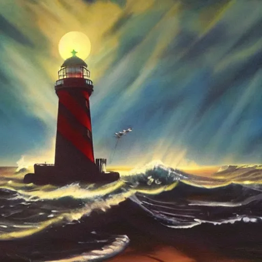 Prompt: An oil painting of a lighthouse on a rough sea, moonlight shining, BioShock, 80s sci-fi, Retro Futurism Art