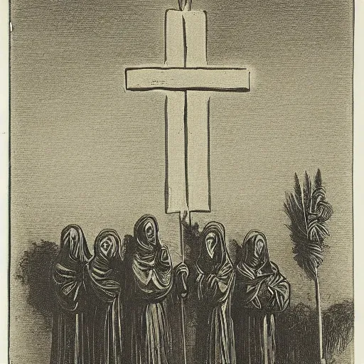 Prompt: A Holy Week procession of four souls in a Spanish landscape at night. A figure at the front holds a cross. By Carl Gustav Carus, Edward Hopper. Symetrical, logo, geometric shapes.