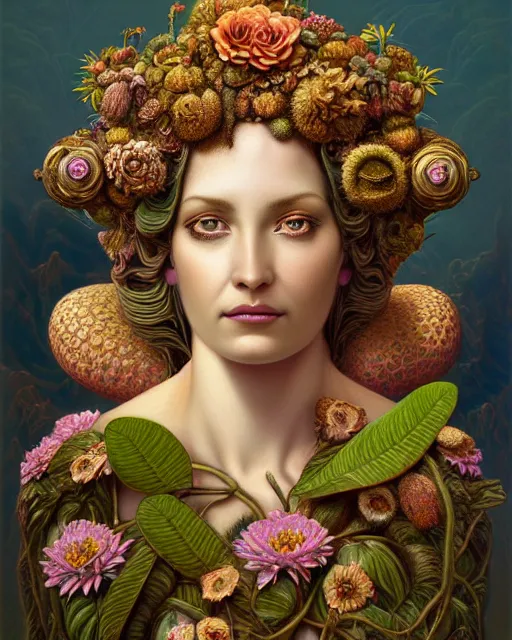 Image similar to portrait of the goddess of growth and decay, unusual beauty, flowers and plants, emotionally evoking symbolic metaphors, head in focus, fantasy, ornamental, intricate, elegant, sensual, highly detailed digital painting, artstation, concept art, painterly, golden ratio, sharp focus, illustration, art by John William Godward and Boris Vallejo and Zdzisław Beksiński,