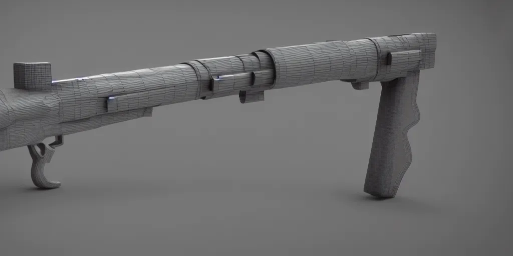 Image similar to photography of a futuristic rifle designed by dieter rams and neill blomkamp and aaron de leon concept art, 3 d, maya, blender, octane render, realistic, sharp focus