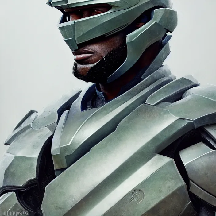 Image similar to LeBron James wearing Forerunner armor from Halo, countryside, calm, fantasy character portrait, dynamic pose, above view, sunny day, thunder clouds in the sky, artwork by Jeremy Lipkin and Giuseppe Dangelico Pino and Michael Garmash and Rob Rey and Greg Manchess and Huang Guangjian, very coherent asymmetrical artwork, sharp edges, perfect face, simple form, 100mm