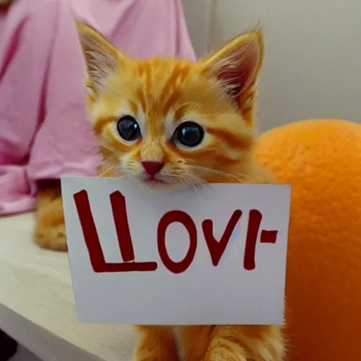 Image similar to cute fluffy orange tabby kitten with a sign that says