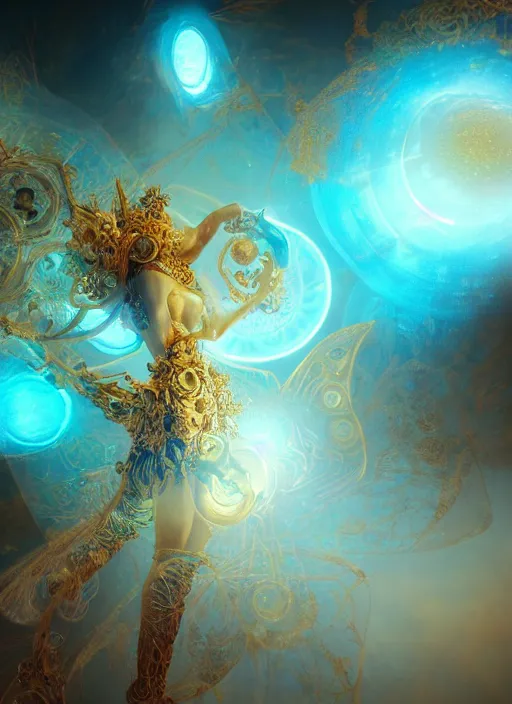 Image similar to flowers within the whole infinite capsule apparent with awe the apparition, an idea seep's into infinity highly detailed in volumetric latent space, golden turquoise steampunk, high contrast cinematic light, mystical shadows, sharp focus, divine realm of gods, octane render, artist by boris vallejo,