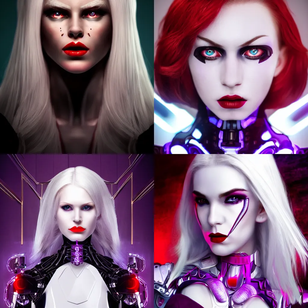 Prompt: highly detailed and symmetrical cyborg woman, pale skin and purple eyes, white blonde hair, red lips, staring into the camera, high fantasy art, ultra hd, cinematic lighting,