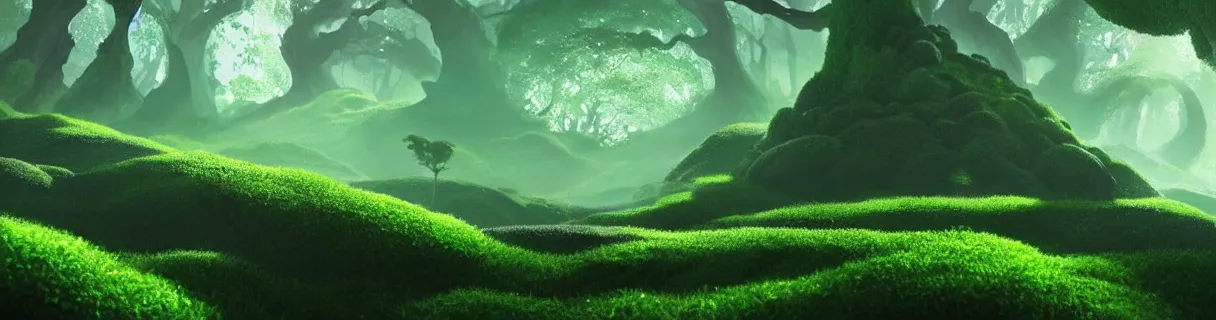 Image similar to closeup magic protection stone sphere covered with moss, in gentle green dawn light, eyvind earle, studio ghibli painting, cinematic lighting, volumetric lighting, smooth, sharp focus, highly detailed, render in unreal engine 5, artstation, deviantart, behance, trending, epic composition, octane, light rays, award - winning