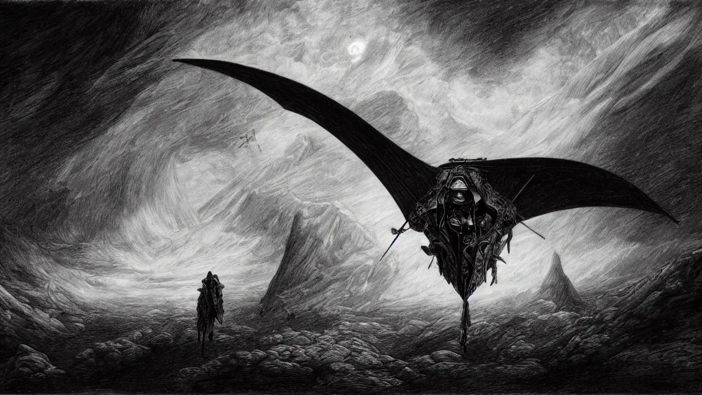 Image similar to drawing of an ornithopter flying toward a desert storm, by gustave dore, nineteenth century, black and white, vintage, science fiction, epic composition, dramatic lighting, highly detailed, cinematic, in the style of the movie dune