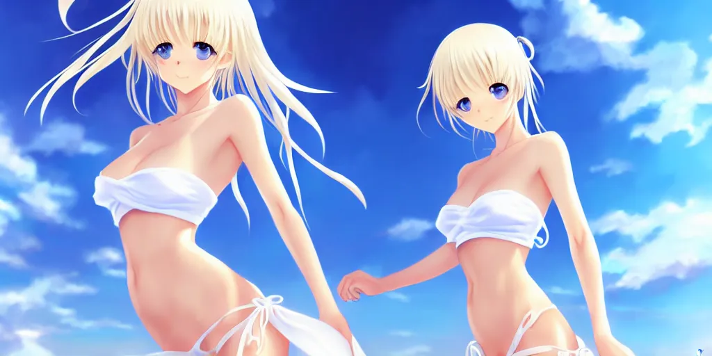 Image similar to tiny father a tall daughter picture : a very beautiful young blond anime girl, sky blue eyes, bikini, white miniskirt, highly detailed, cinematic wallpaper by stanley artgerm lau