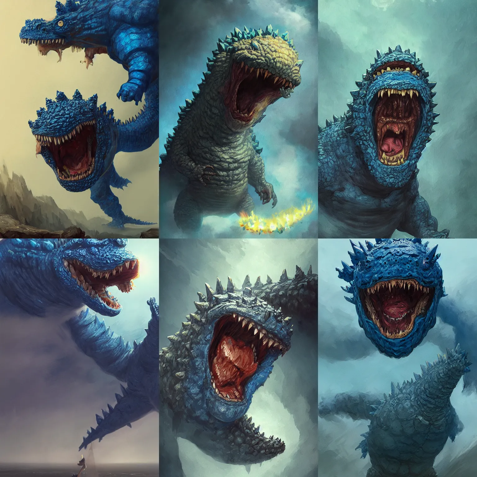 Prompt: portrait of a screaming tiny fat blue godzilla with huge mouth on his entire back, horrific, highly detailed, digital painting, artstation, concept art, smooth, sharp focus, illustration, art by wlop, mars ravelo and greg rutkowski