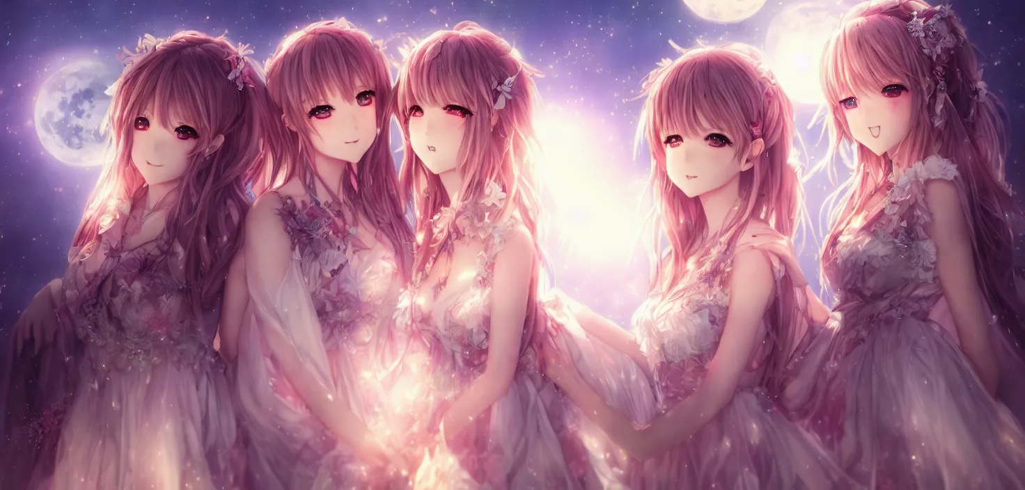 Image similar to two beautiful anime girls wear fantasy dress in festival | | sunny night, full moon, dreamlike art, realistic shaded, smile, good looking, hyper details, 4 k realistic, cryengine, realistic shaded lighting poster by artgerm, ross tran, fuji choko, 8 k resolution, trending on artstation, luxury