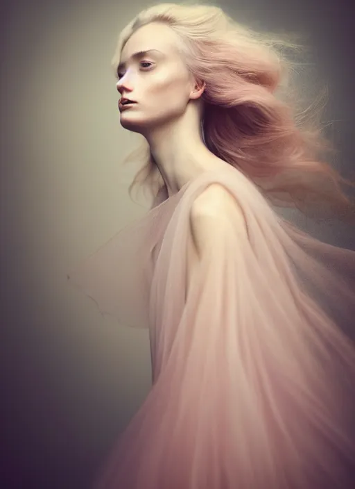 Prompt: portrait photography of a beautiful woman, in fine art photography style of Giovanni Gastel , britt marling style 3/4 , natural color skin pointed in rose, the hair is like stormy clouds, full body dressed with a ethereal transparent voile dress, elegrant, 8K, soft focus, melanchonic soft light, volumetric dramatic lighting, highly detailed Realistic, hyper Refined, Highly Detailed, natural point rose', outdoor soft lighting, soft dramatic lighting colors scheme, soft blur lighting, fine art fashion photography