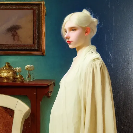 Image similar to a young woman's face, her hair is white and she wears a cobalt blue satin cloak, by ivan aivazovsky and syd mead and moebius and gaston bussiere and roger dean and pieter claesz and paul delaroche and alma tadema and aelbert cuyp and willem claesz, hyperrealistic, volumetric light, octane render