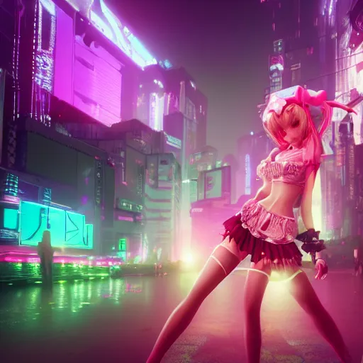 Image similar to a girl like (jinx, Princess peach), dancing, background cyberpunk city, kpop, fullshot, photo, raytrayced, octane render,volumetric lighting, epic composition, intricate details, dark neon punk, by KDA