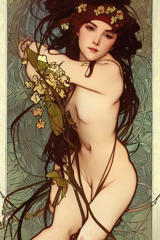 Image similar to realistic detailed portrait of a very beautiful ninja girl by alphonse mucha, charlie bowater, flowing wires with leaves, artgerm